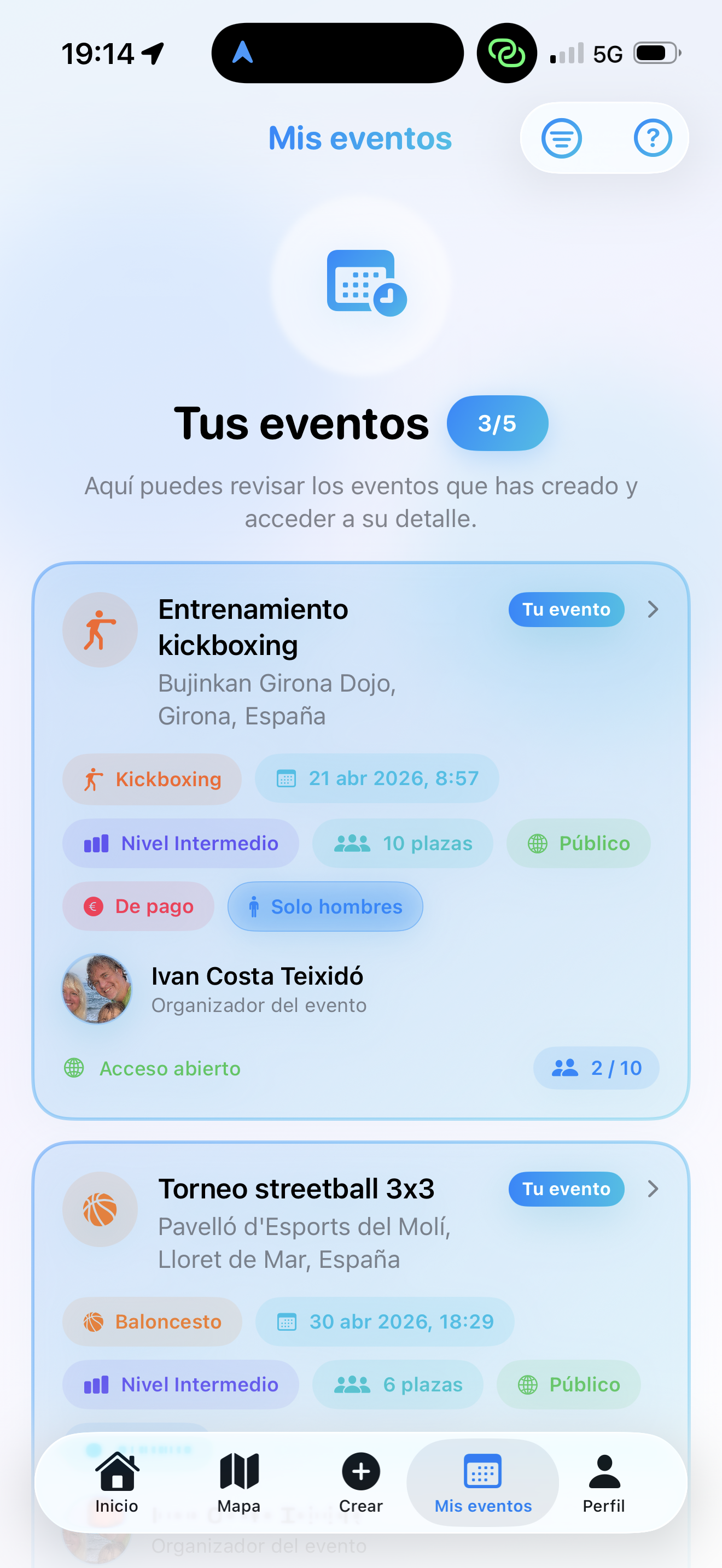 Pantalla eventos de SportMeetoo