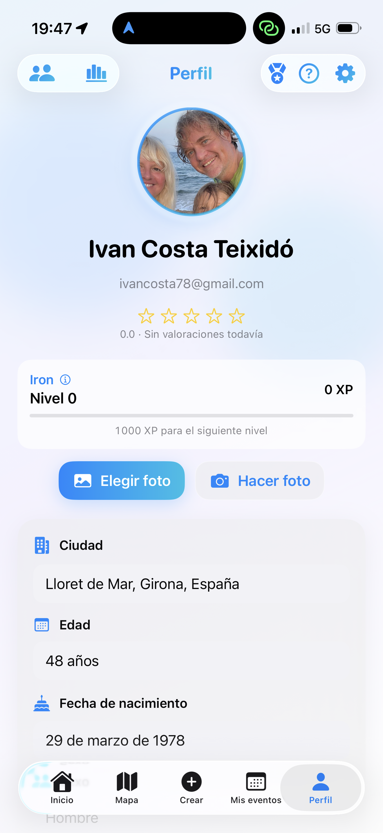 Pantalla perfil de SportMeetoo